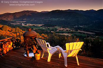 Sunset over vineyards from patio deck, Galante Vineyards, above Carmel Valley, Monterey County, California