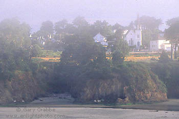 Morning fog over the small coastal town of Mendocino, California