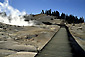 Wooden boardwak path over fragile volcanic ground at Bumpass Hell, Lassen Volcanic National Park, California