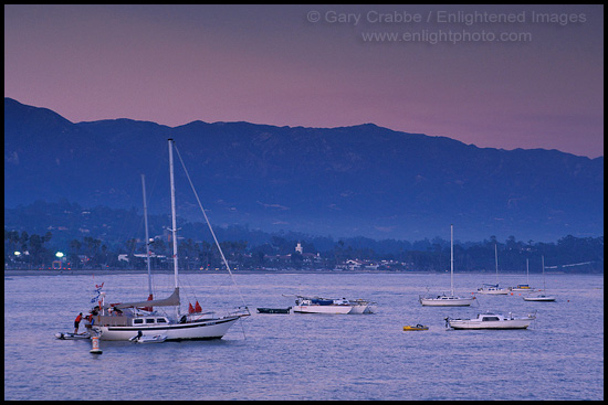 Photo: Boats anchored offshore below distant coastal mountains, Santa Barbara, Southern Coast, California