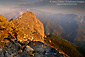 Sunset light on granite monolith Moro Rock, Sequoia National Park, California